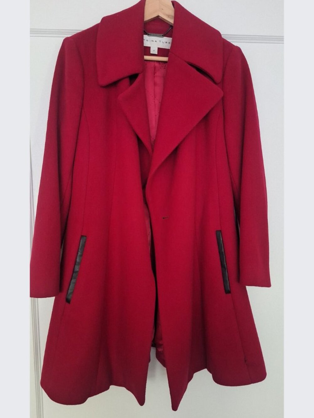 Trina Turk Red Lambswool Wrap Coat with Faux Leather Wrap Belt - Picture 1 of 3